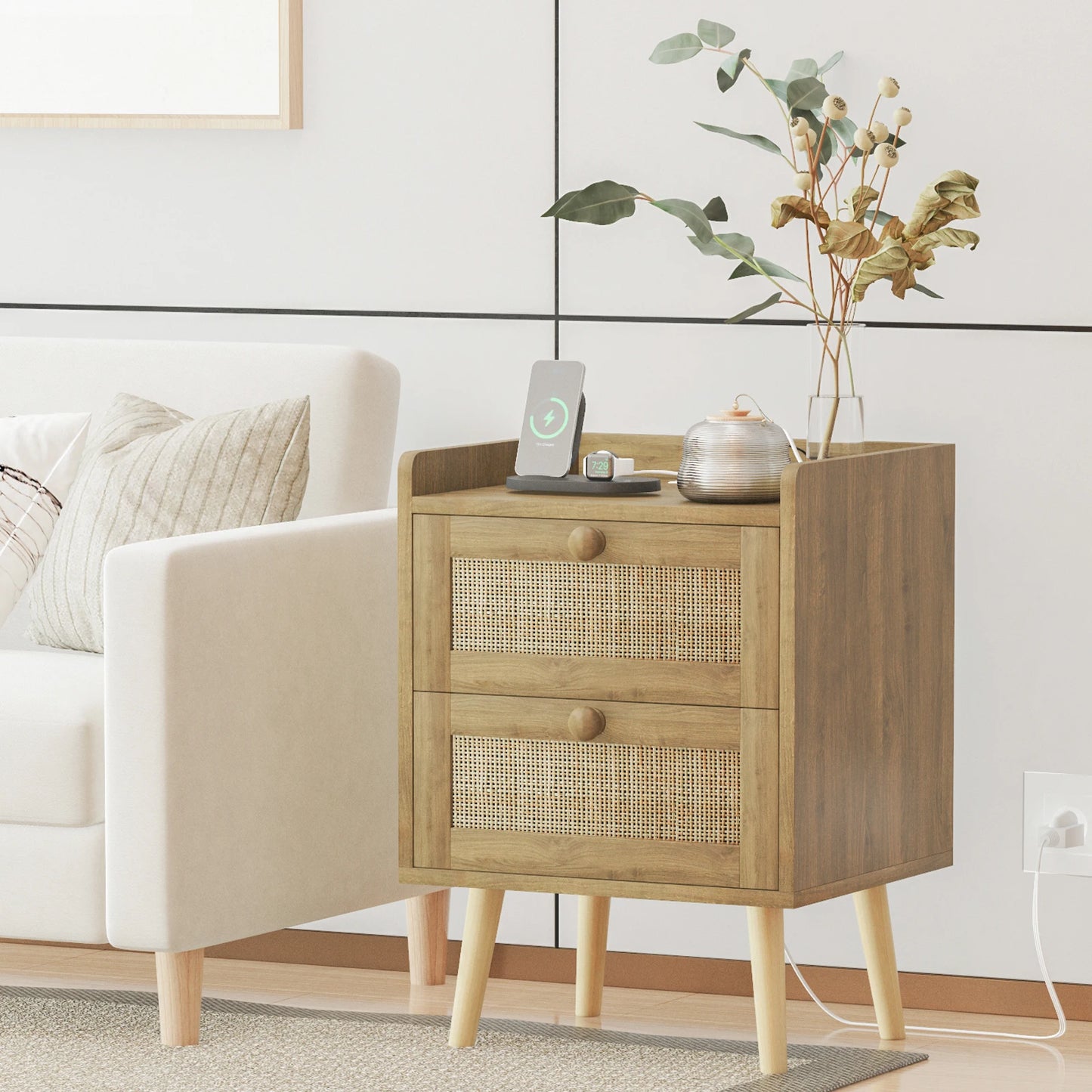 Rattan Nightstand With Charging Station And 2 Drawers, Rustic Bedside Table
