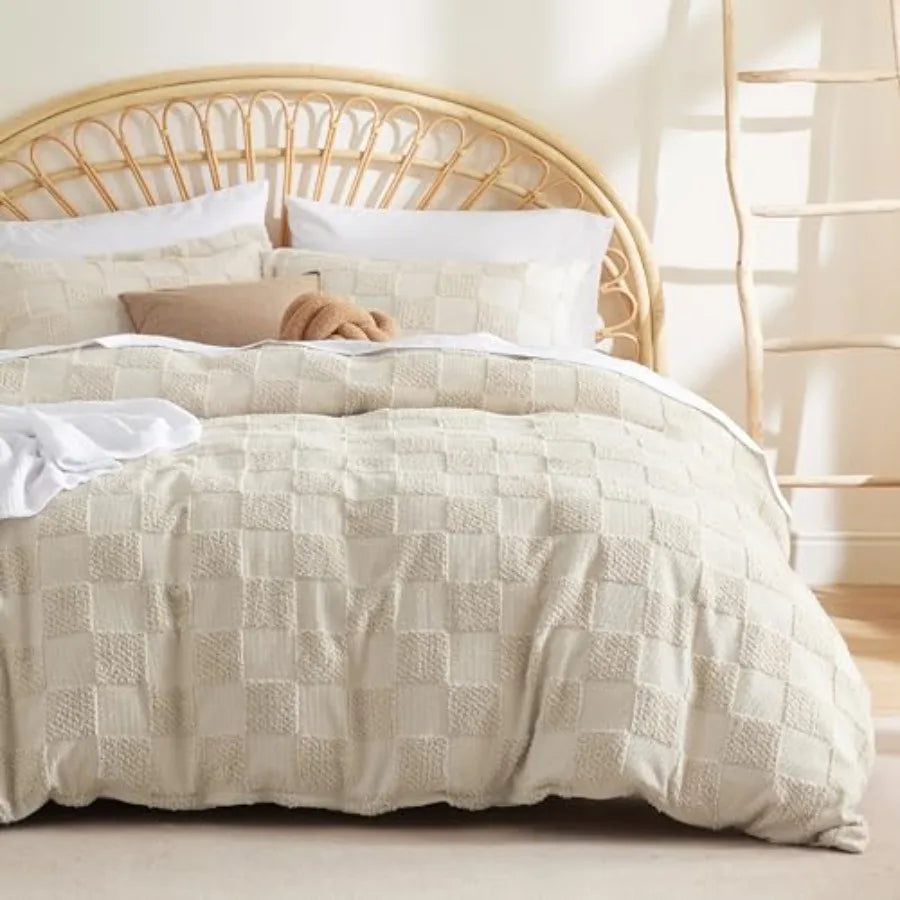 Boho Duvet Cover Checkered Embroidered Knit Jacquard Polyester Cotton