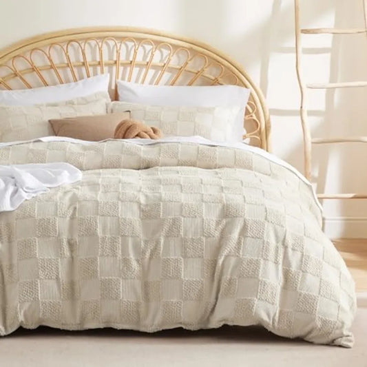 Boho Duvet Cover Checkered Embroidered Knit Jacquard Polyester Cotton